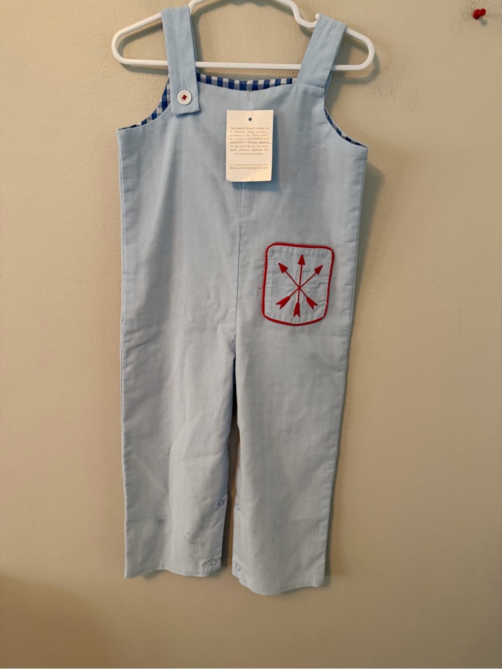 The Beaufort Bonnet Company Light Blue Kids Overalls with Red Arrow Pocket